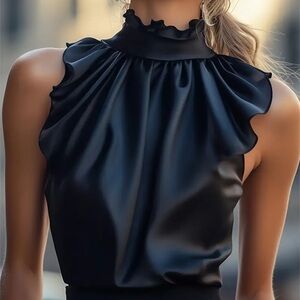 Black High Neck Satin Pleated Sleeveless Top Mock Neck Glossy Blouse